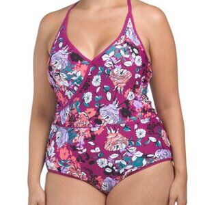 SEA ANGEL Plus Floral Lace V-neck Bathing Suit, Bordeaux Blossom, size 2X